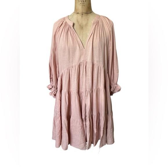 NWT Pinch deep v-neck tiered mini dress 3/4 sleeve dusty pink size M bohemian - Picture 2 of 7